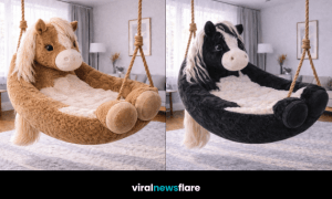 Oversized plush horse swing chair hanging in a contemporary living room interior