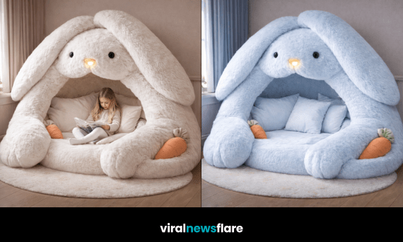 Collection of oversized bunny reading nook pods in pink, blue, cream and lavender