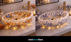 Luxury butterfly floral resin bathroom sink with embedded flowers and warm LED lighting centrepiece