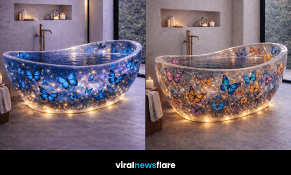 Illuminated butterfly galaxy resin bathtub in a modern luxury bathroom setting
