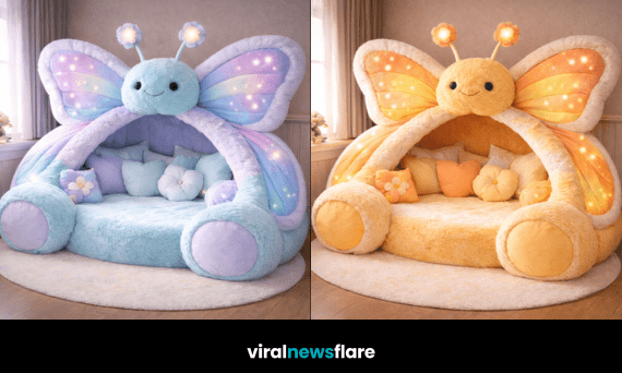 Oversized plush butterfly reading nook pod with illuminated LED wings creating a cosy children’s bedroom reading corner