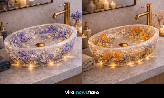 Luxury illuminated floral resin sink with embedded botanical design in modern bathroom