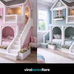 Luxury house-shaped bunk beds with staircases creating a fairytale children’s bedroom