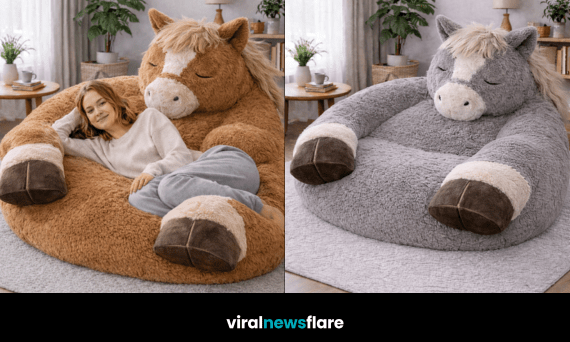 Collection of oversized horse-shaped plush lounger chairs in modern interior settings