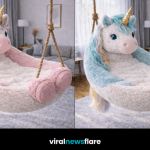 Collection of plush unicorn hanging swing chairs in pastel colours suspended in stylish interiors