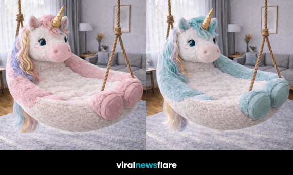 Collection of plush unicorn hanging swing chairs in pastel colours suspended in stylish interiors