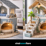 Stylish coastal cat house inspired by beach huts and lighthouses with LED lighting and nautical décor