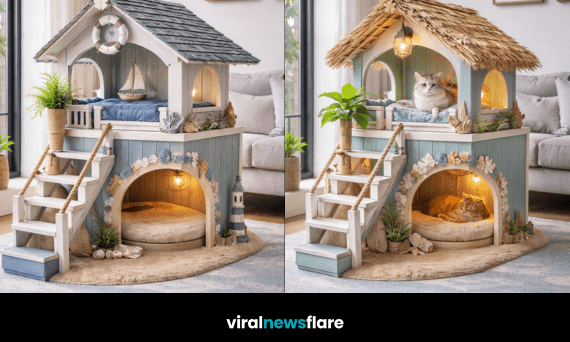 Stylish coastal cat house inspired by beach huts and lighthouses with LED lighting and nautical décor