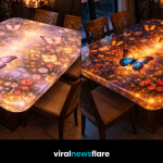 Luxury butterfly galaxy resin dining table with glowing LED lights and embedded floral cosmos design