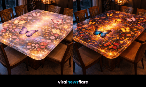 Luxury butterfly galaxy resin dining table with glowing LED lights and embedded floral cosmos design
