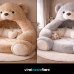Oversized teddy bear lounger bed creating a plush cosy relaxation space in a modern bedroom