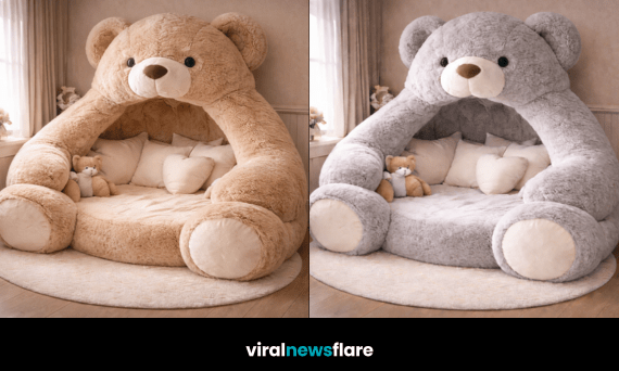 Oversized teddy bear lounger bed creating a plush cosy relaxation space in a modern bedroom