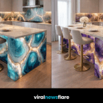 Collection of backlit agate kitchen islands in purple, pink, blue, and amber tones