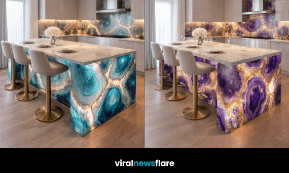Collection of backlit agate kitchen islands in purple, pink, blue, and amber tones