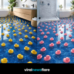 Rubber duck epoxy flooring with floating ducks creating a realistic 3D water illusion in a modern bathroom