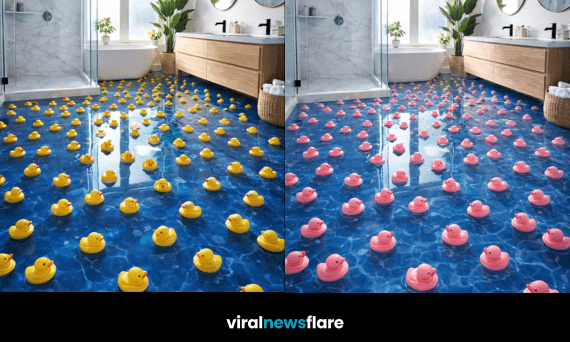 Rubber duck epoxy flooring with floating ducks creating a realistic 3D water illusion in a modern bathroom
