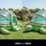Giant turtle-shaped inflatable dome pool with clear canopy and built-in slide on green lawn