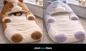 Collection of giant horse-shaped sleeping bags in multiple colours styled in a soft bedroom