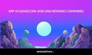 Purple gradient crypto-themed header image with mountains and planets featuring the title “XRP vs Dogecoin: Risk and Reward Compared” in bold white text.