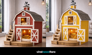 barn-shaped cat house with two levels, wooden stairs and warm interior lighting in a modern living room