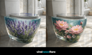 Artistic floral epoxy resin toilet featuring preserved flowers encased in crystal-clear resin