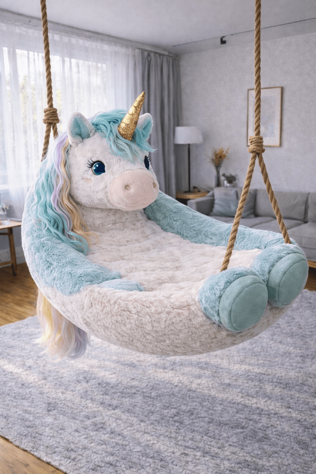 Aqua and mint unicorn hanging swing chair with plush faux fur upholstery and suspended rope supports