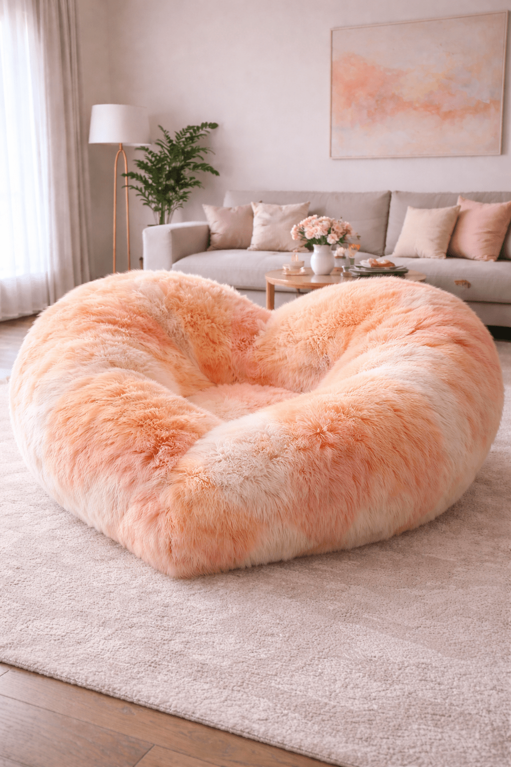 Peach and blush plush lounge bed in a modern neutral interior