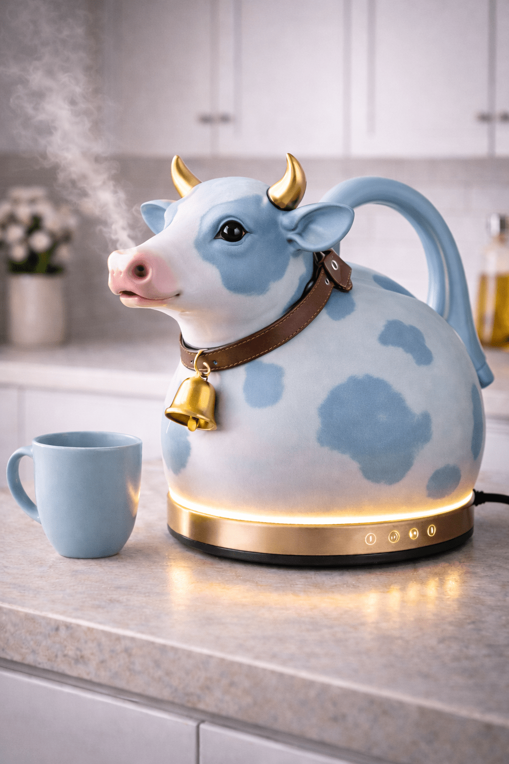Blue cow novelty kettle with soft LED lighting and steam effect beside matching mug