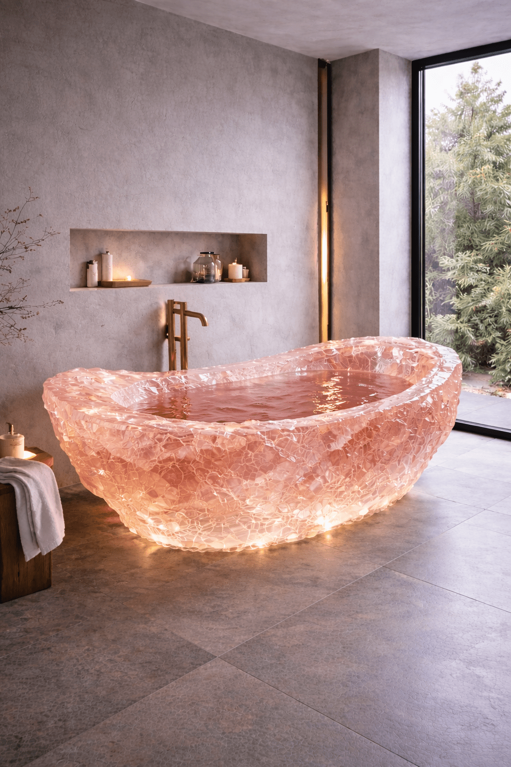 Pink rose quartz translucent crystal bathtub illuminated from below in a contemporary spa setting