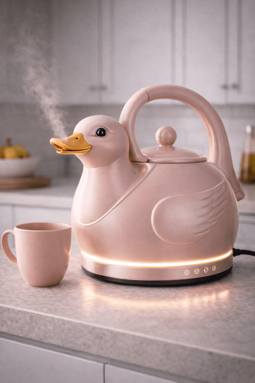Soft pink electric kettle with glowing base and matching mug