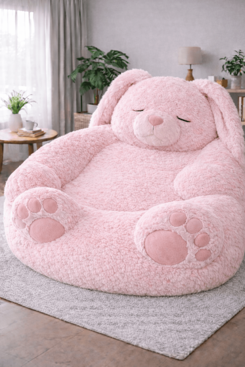 Giant pastel pink plush bunny bean bag chair styled in a soft neutral living room