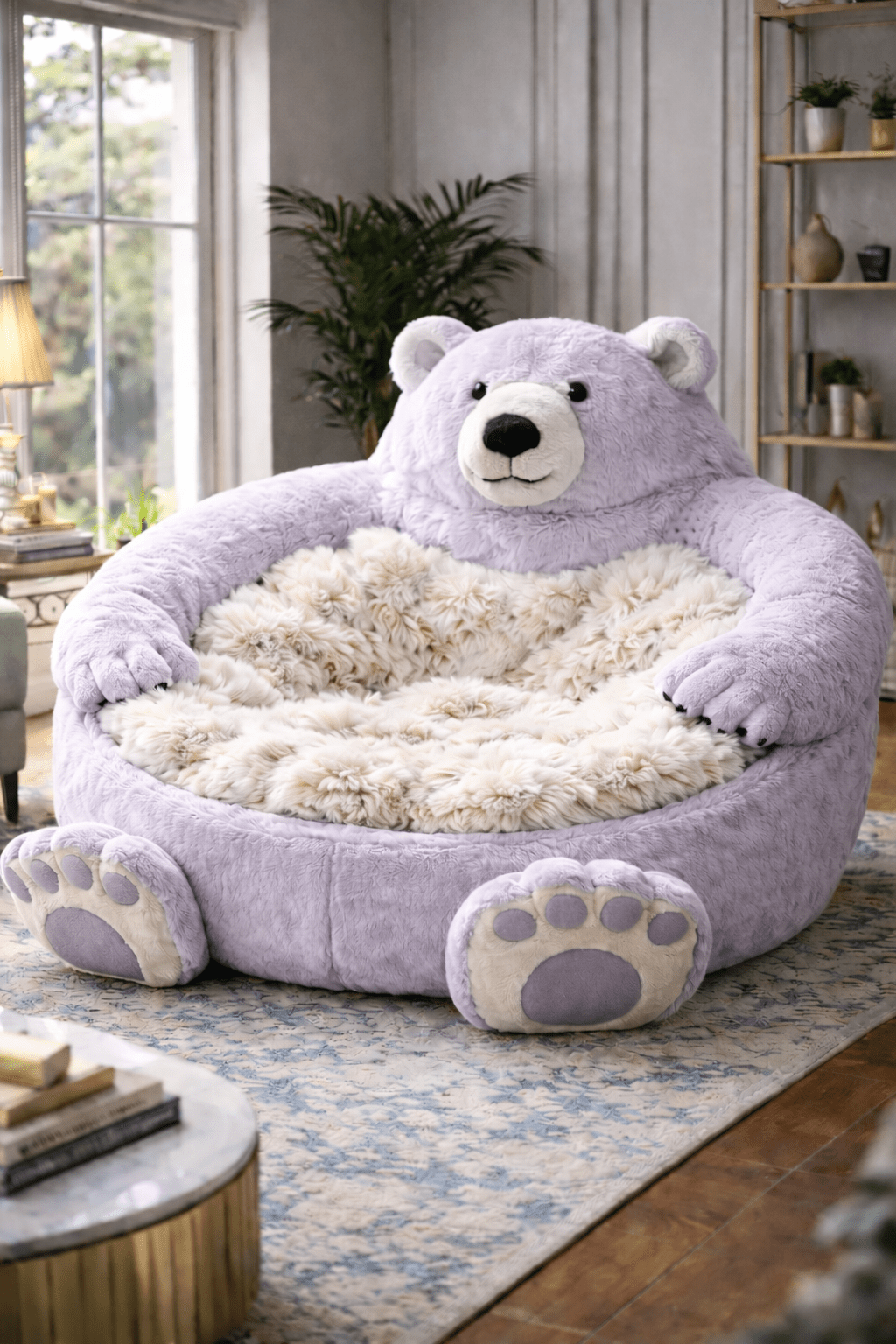 Oversized lavender polar bear plush lounger chair statement seat