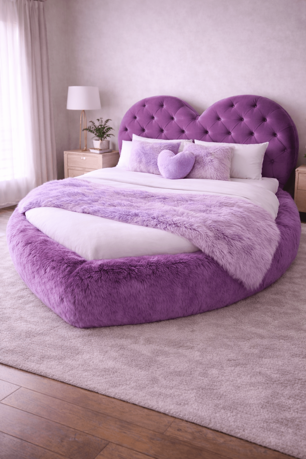 Purple bed with plush faux-fur upholstery and tufted headboard in luxury bedroom