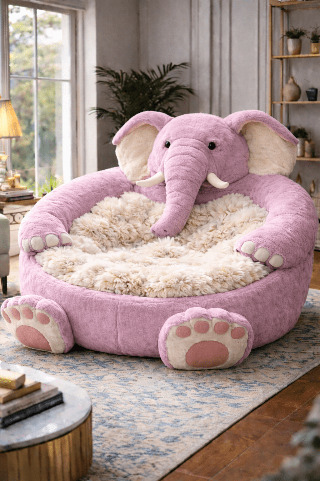 Pink oversized  cuddle chair with fluffy cushion base in a stylish living room
