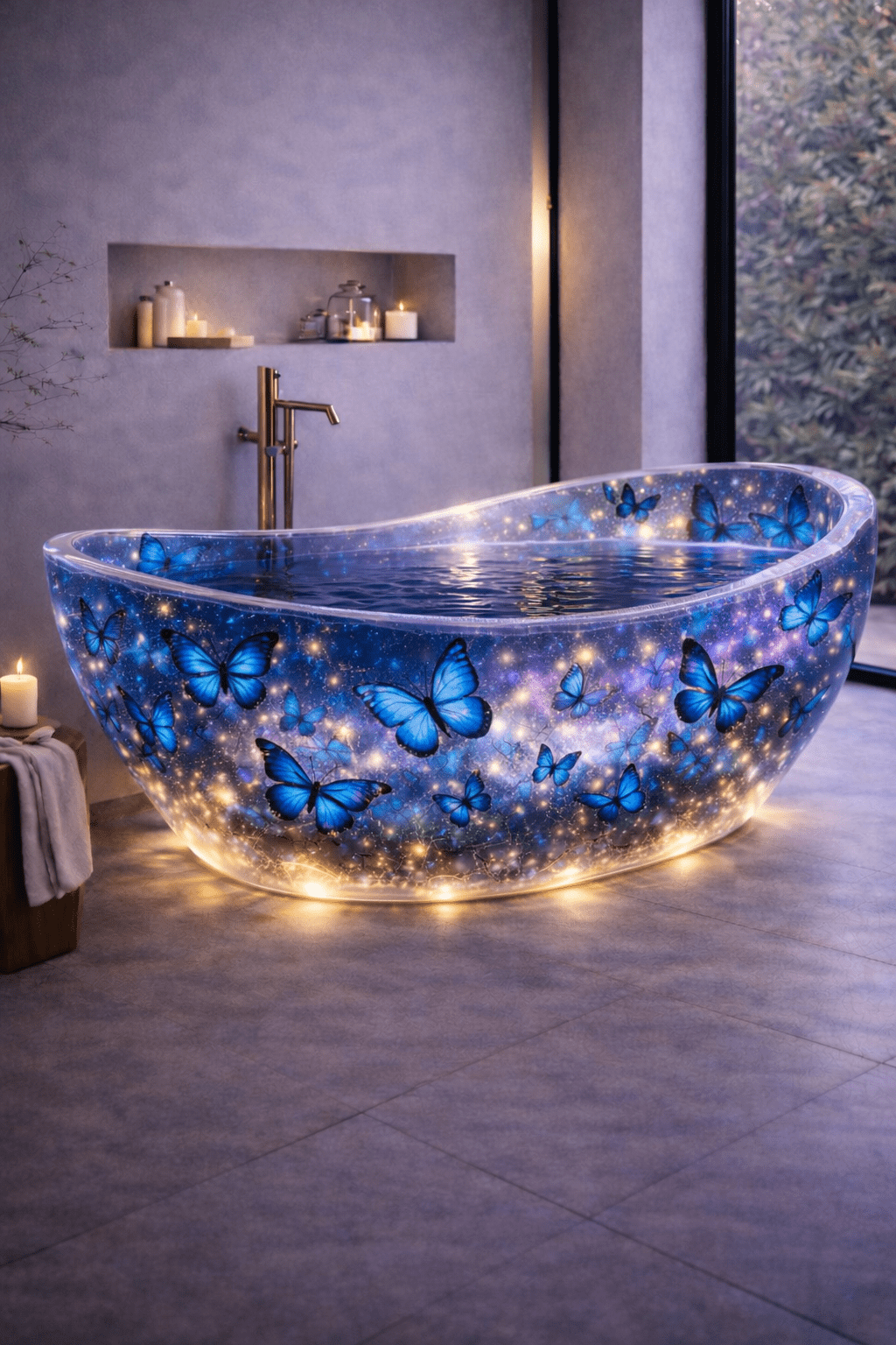 Blue resin freestanding bathtub with glowing LED base lighting.