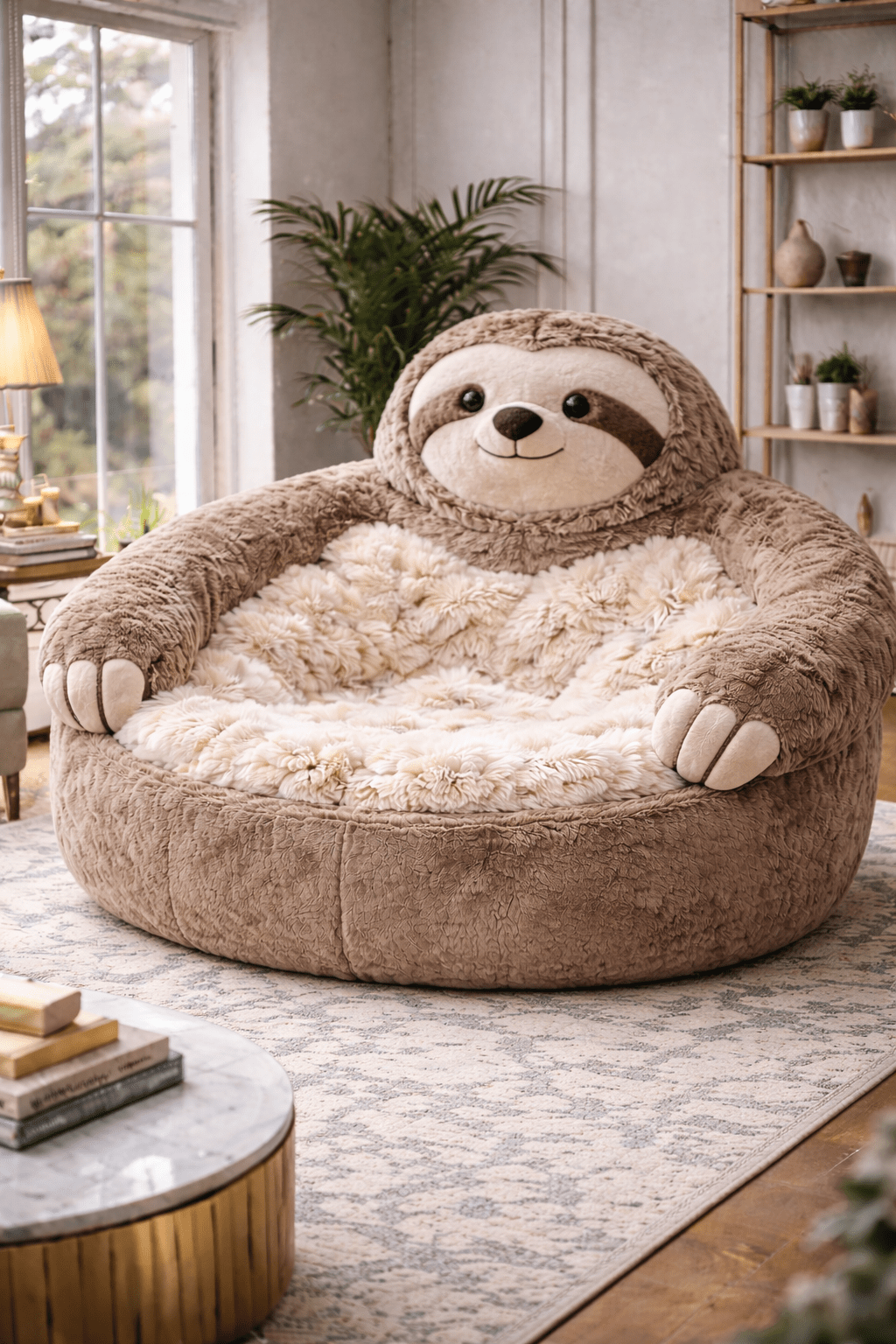 Brown sloth plush lounger chair with soft cushioned base in a warm rustic living room