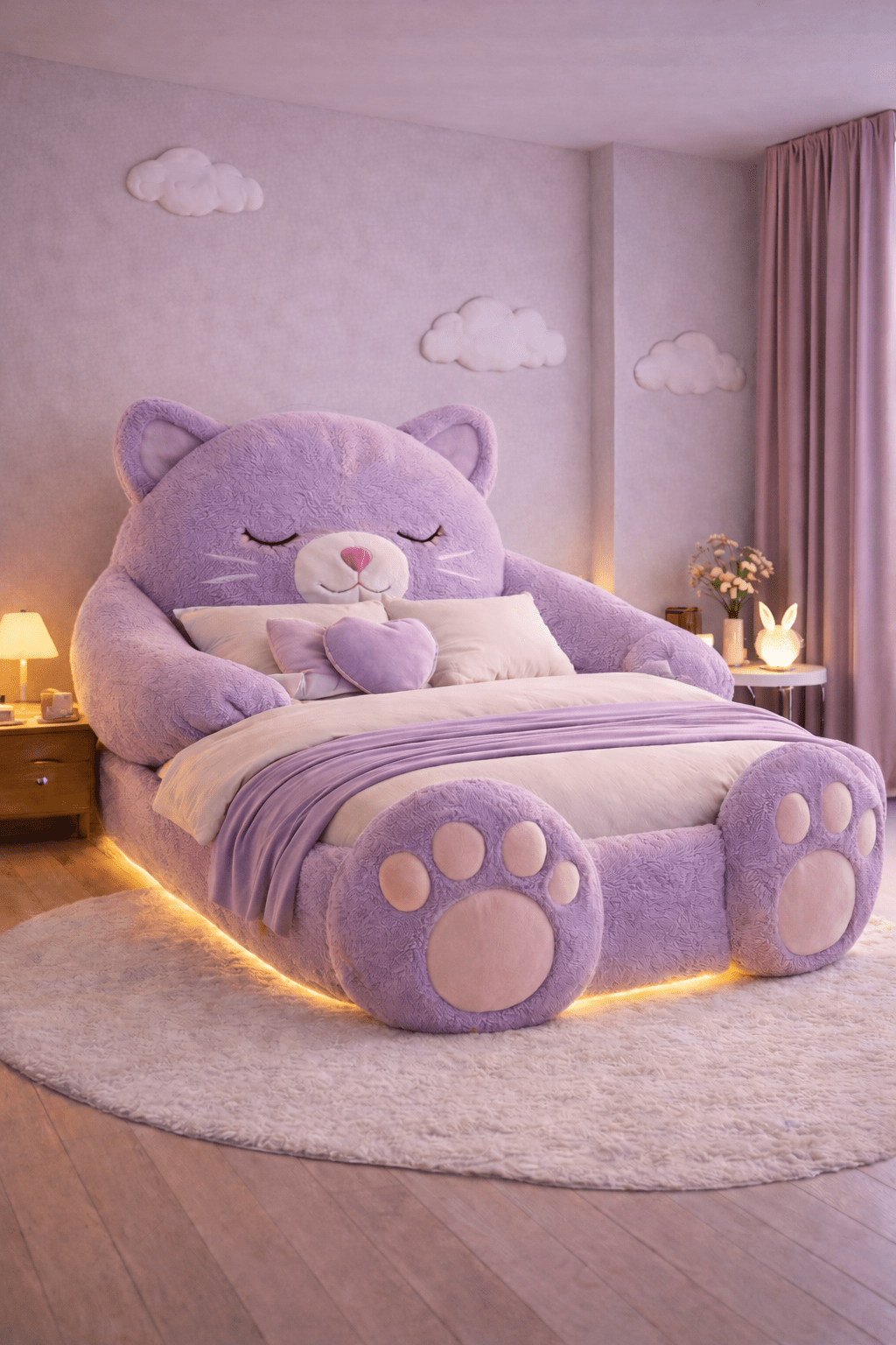 Oversized lavender plush cat bed frame with heart cushion and soft under-bed lighting