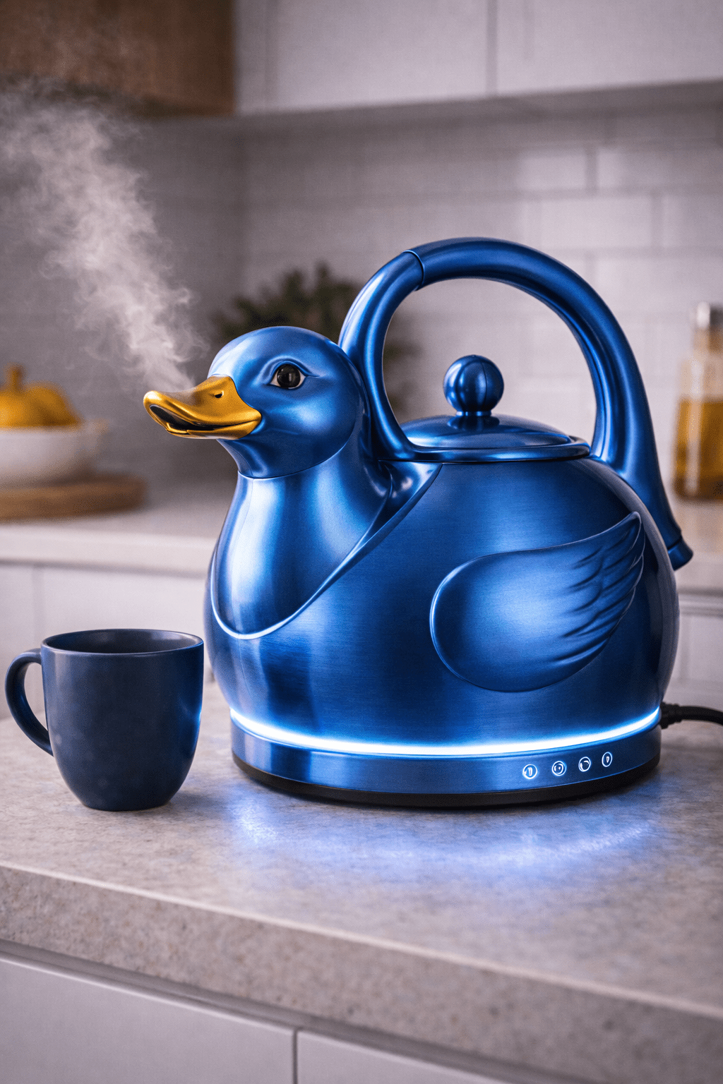 Blue metallic duck shaped electric kettle with cool LED lighting