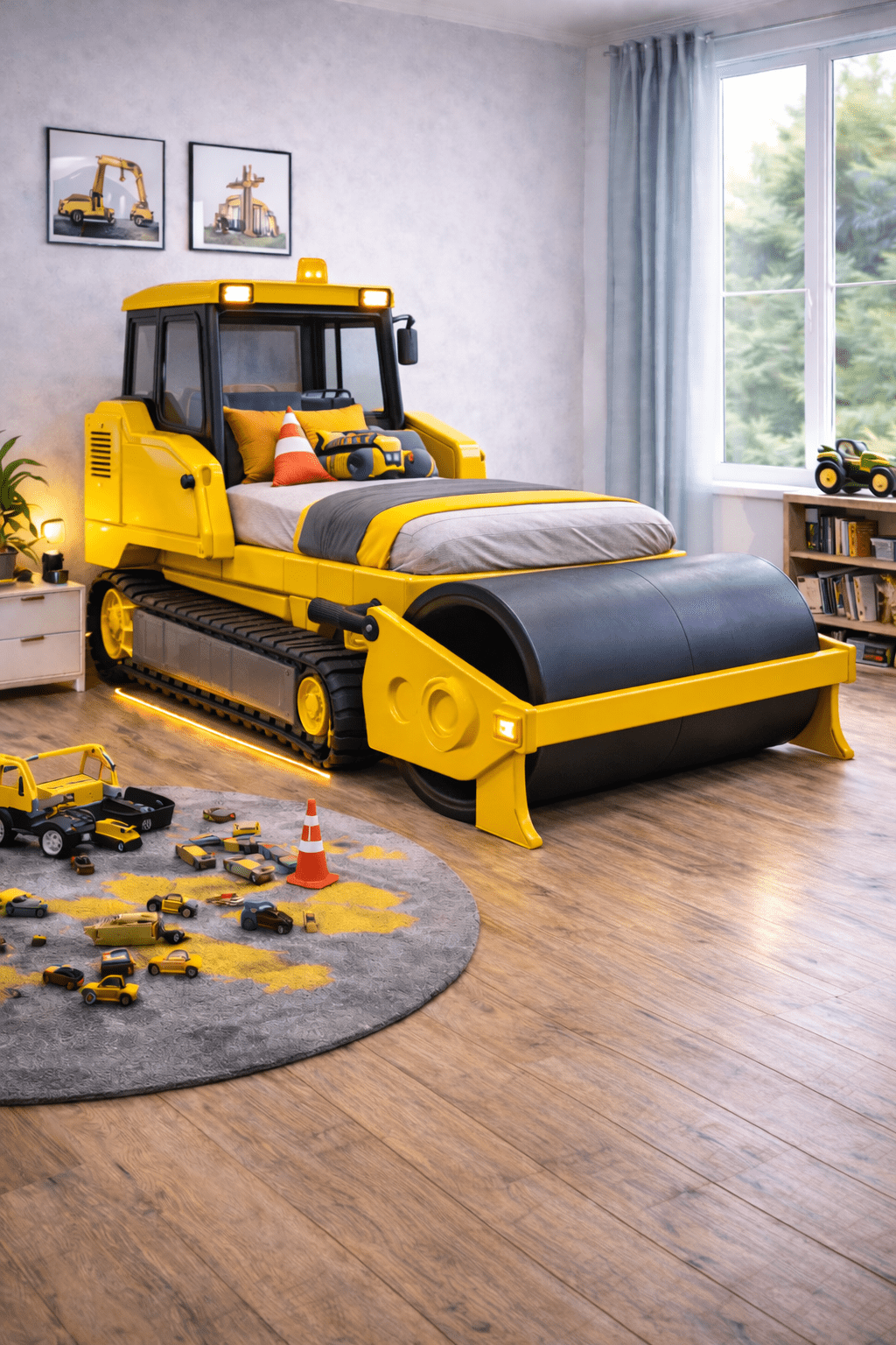 Road roller-themed kids bed with cylindrical front roller and construction-style details