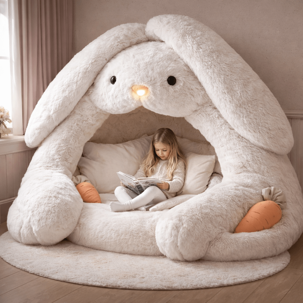 Neutral cream bunny reading nook pod styled as cosy children’s reading space