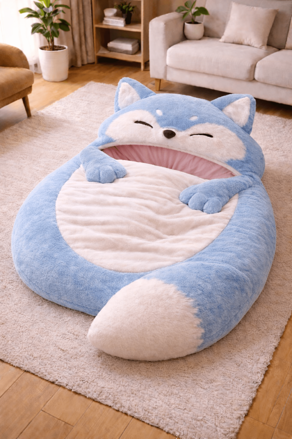 Pastel blue sleeping bag with curled tail foot section