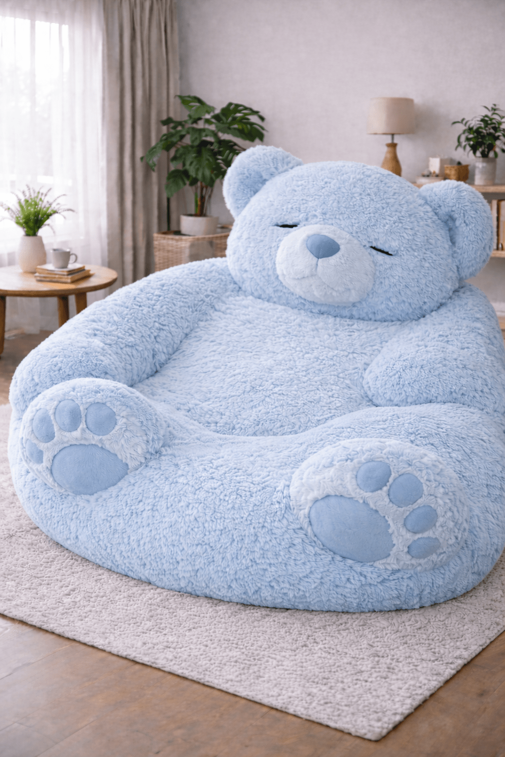 Oversized baby blue teddy bear chair in modern interior