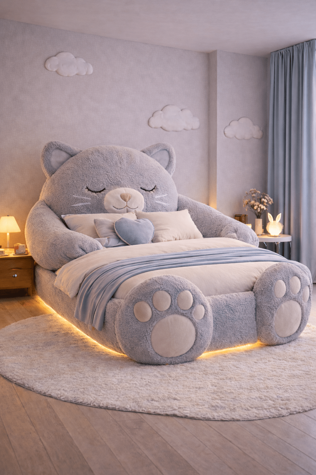Giant grey plush cat bed with paw prints and LED lighting in modern neutral bedroom