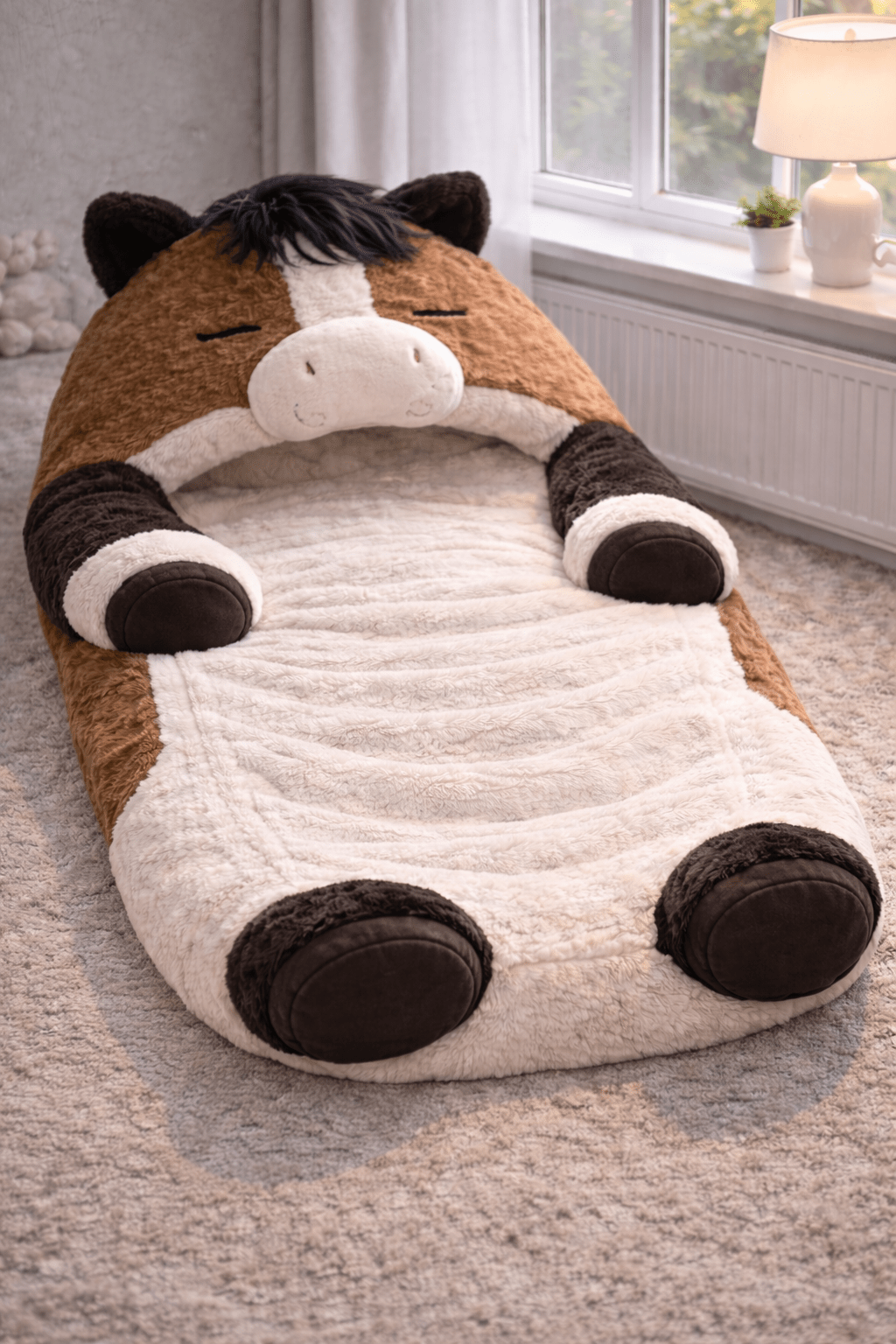 Deep brown horse-shaped sleeping bag with cream plush lining on bedroom carpet