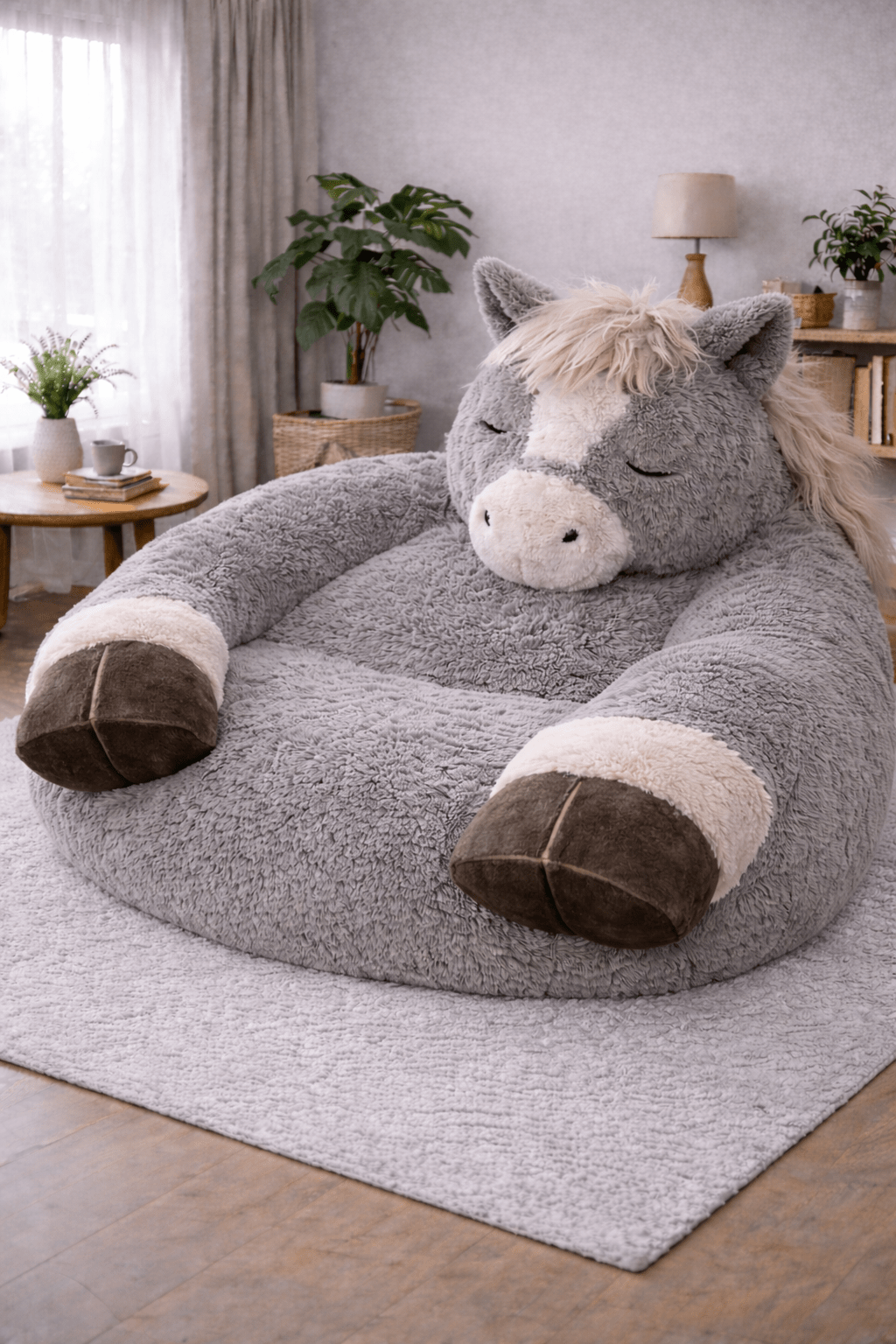 Large grey horse-shaped plush chair placed on a textured rug in a modern home