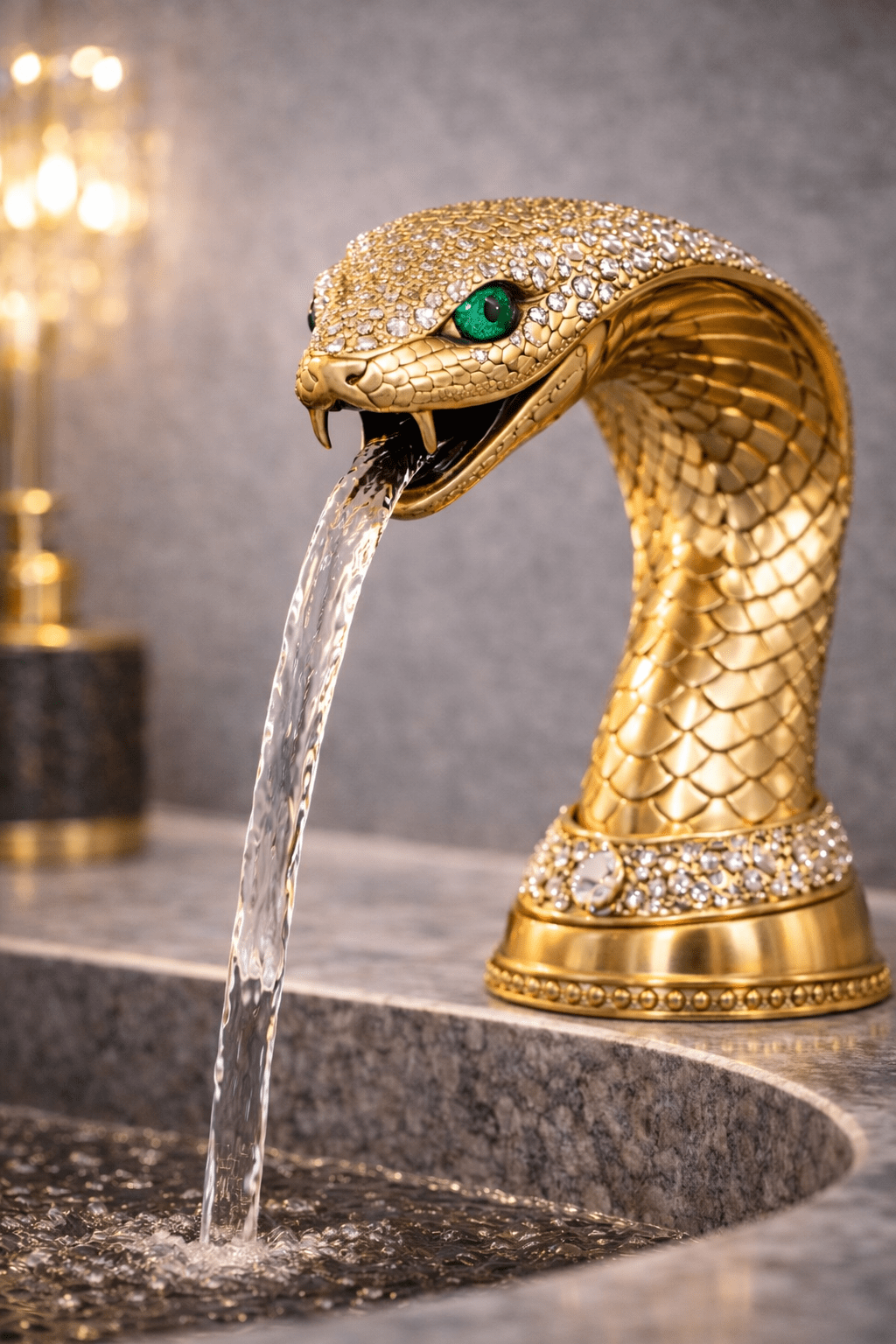 Gold snake tap faucet with crystal detailing and green gemstone eyes over marble basin