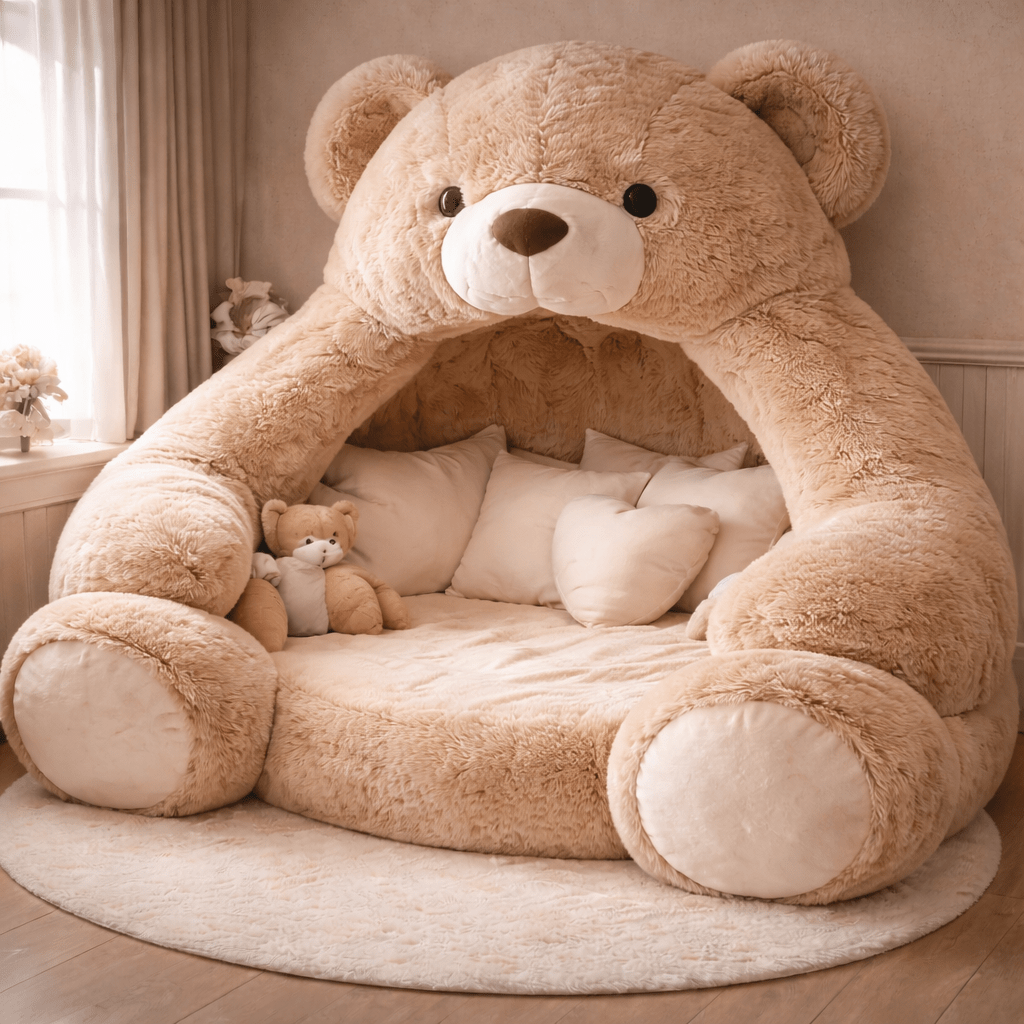 Oversized brown lounger bed with plush upholstery styled in a cosy bedroom corner