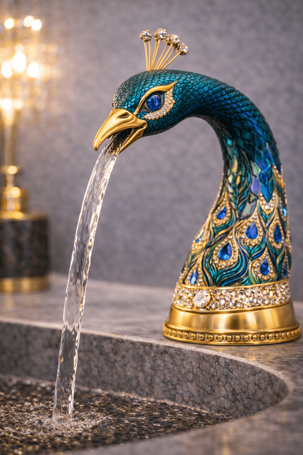 Teal and emerald peacock luxury tap with jewel feather detailing and gold accents flowing into stone basin