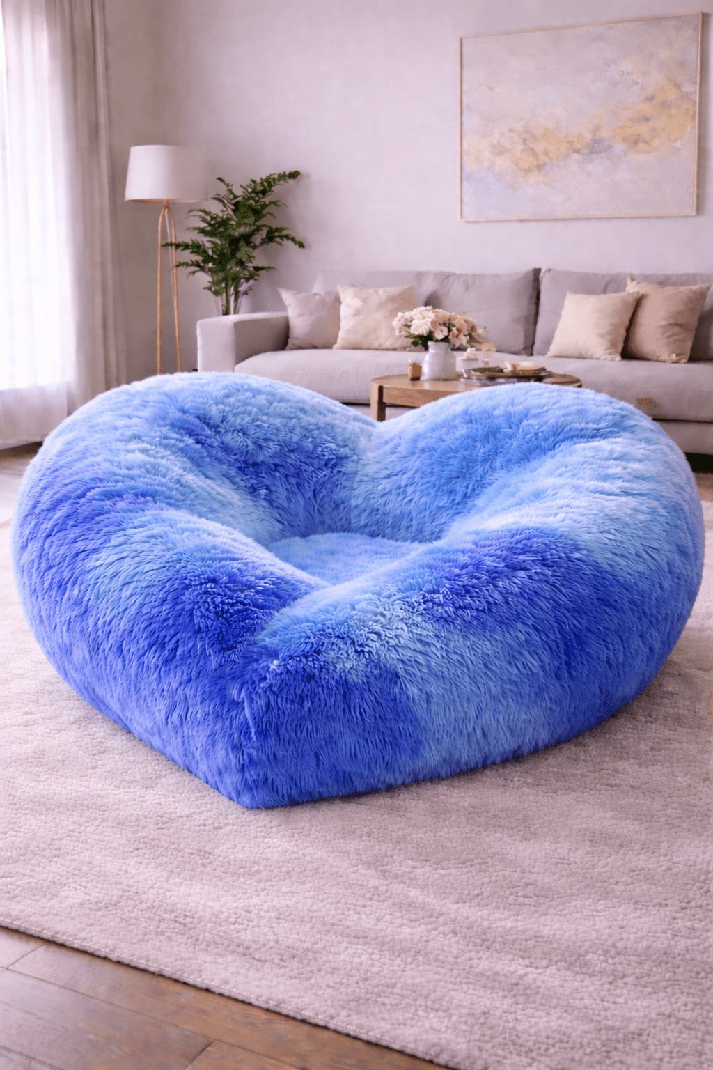 Blue gradient heart-shaped plush lounge chair with fluffy texture in a contemporary living room