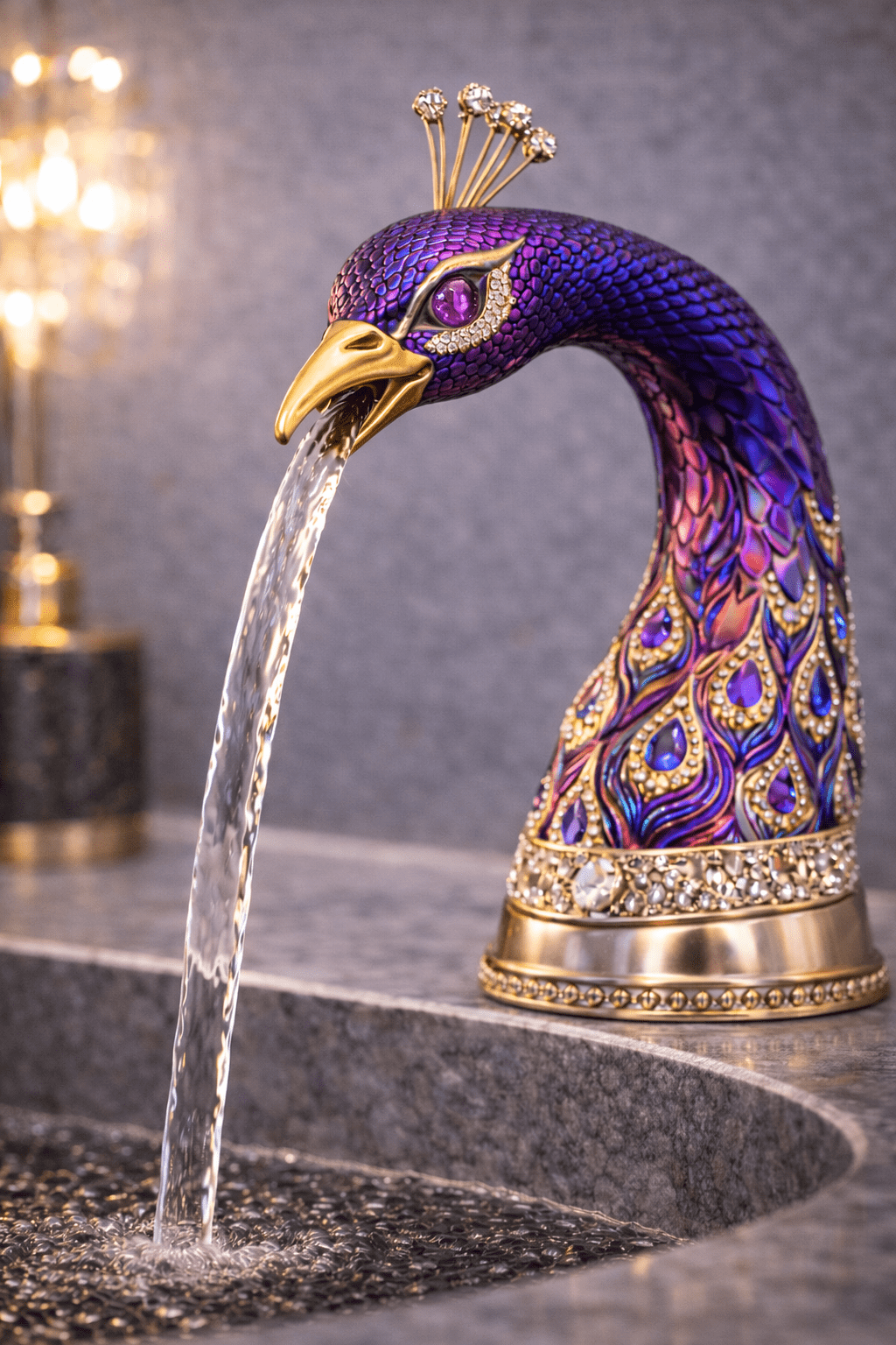Purple iridescent peacock shaped bathroom tap with crystal embellishments and gold beak water outlet
